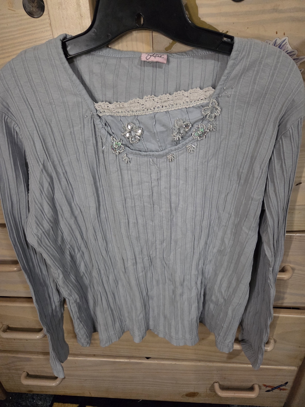 Adrian Delafield Pale Gray Long Sleeve Top with Lace and Sequin Floral Accents